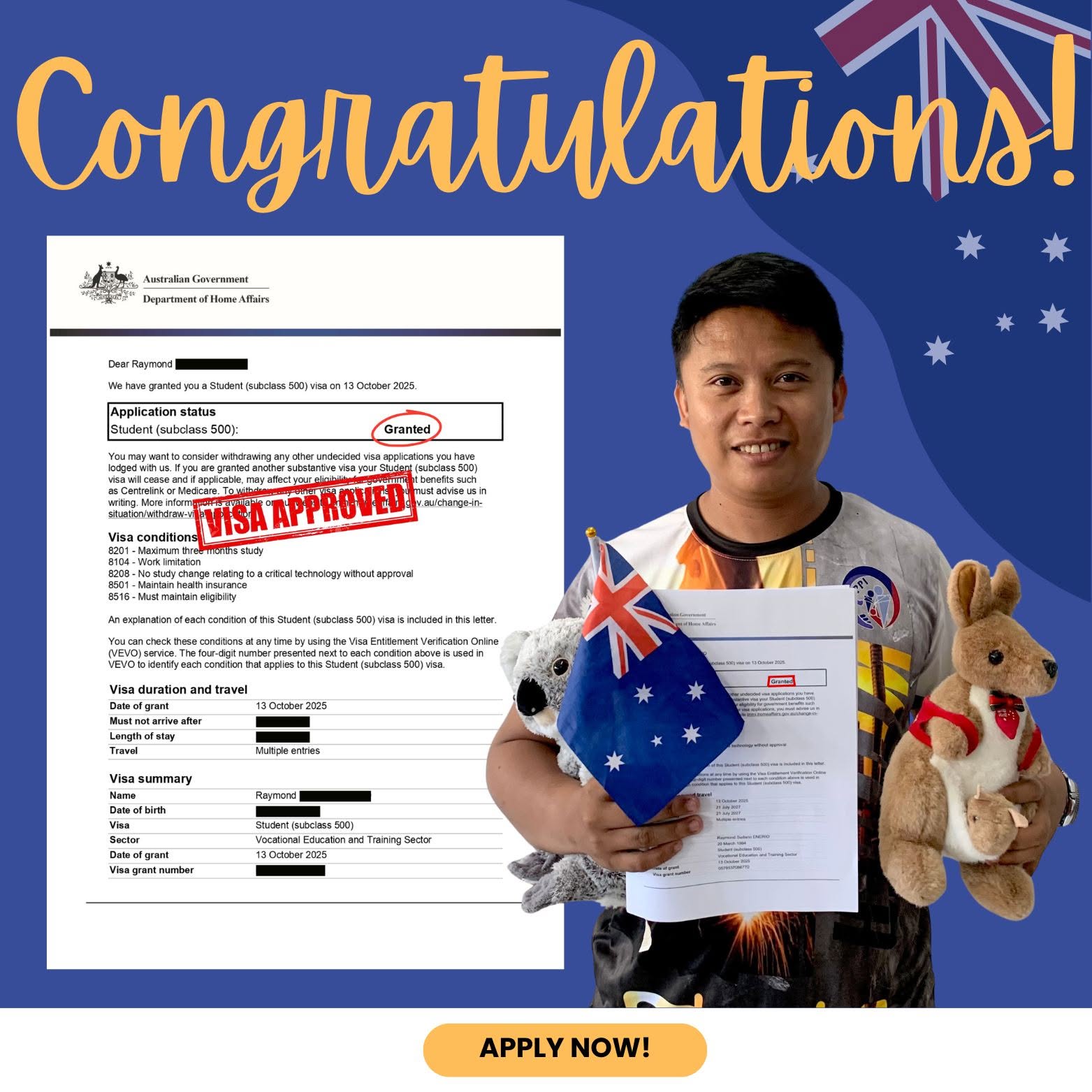Raymond celebrating an approved Australian student visa