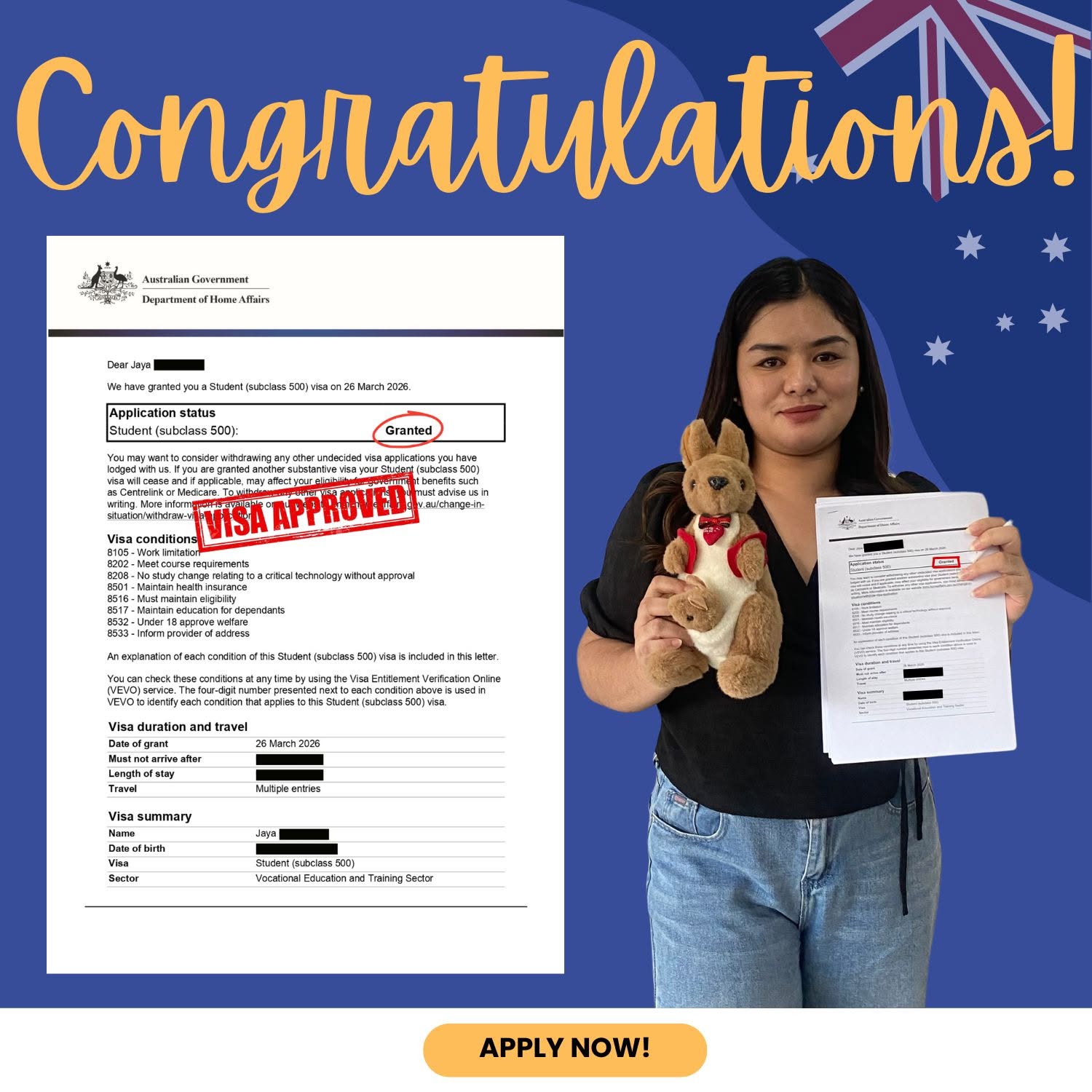 Jaya with an approved Australian student visa