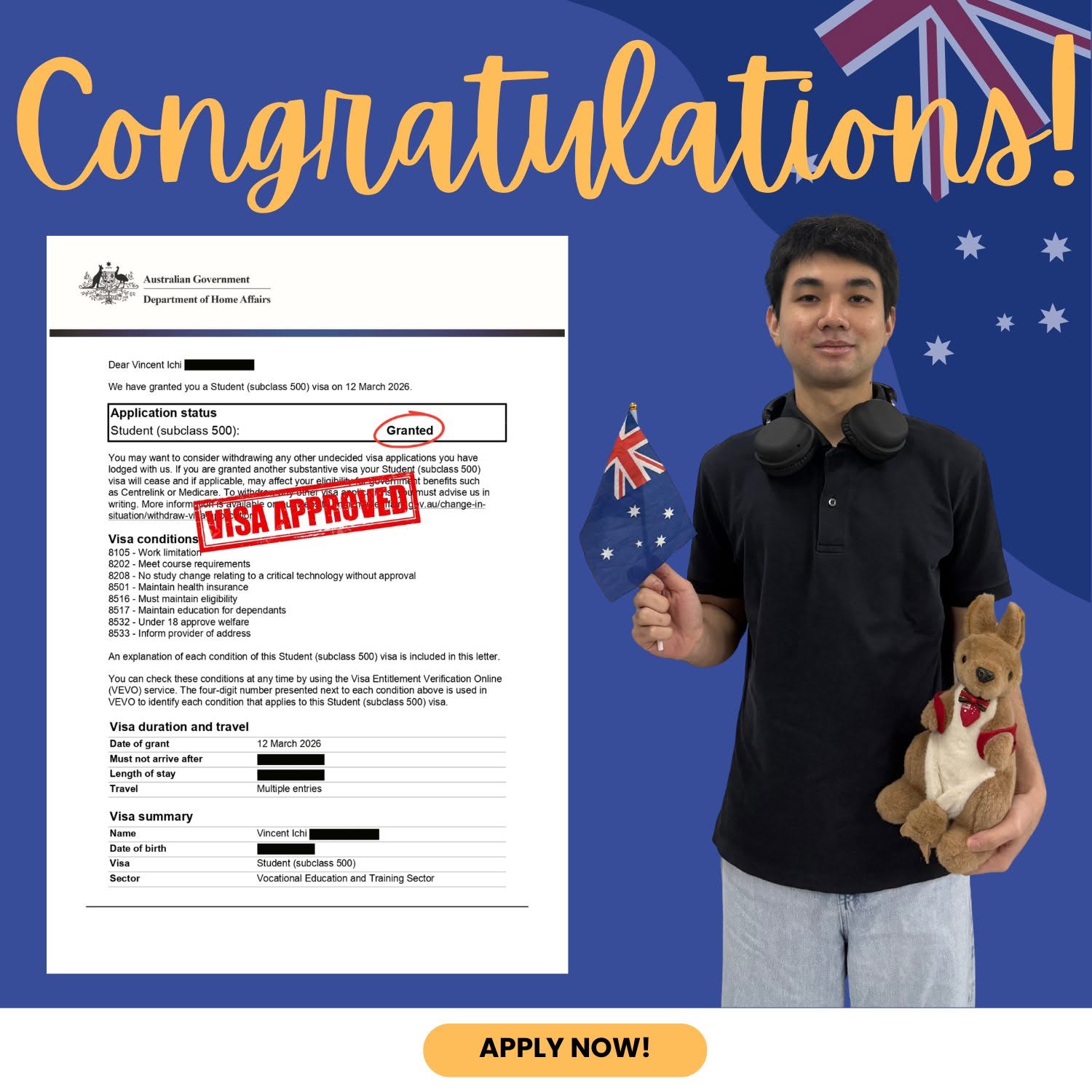 Vincent Ichi smiling after receiving an Australian student visa approval