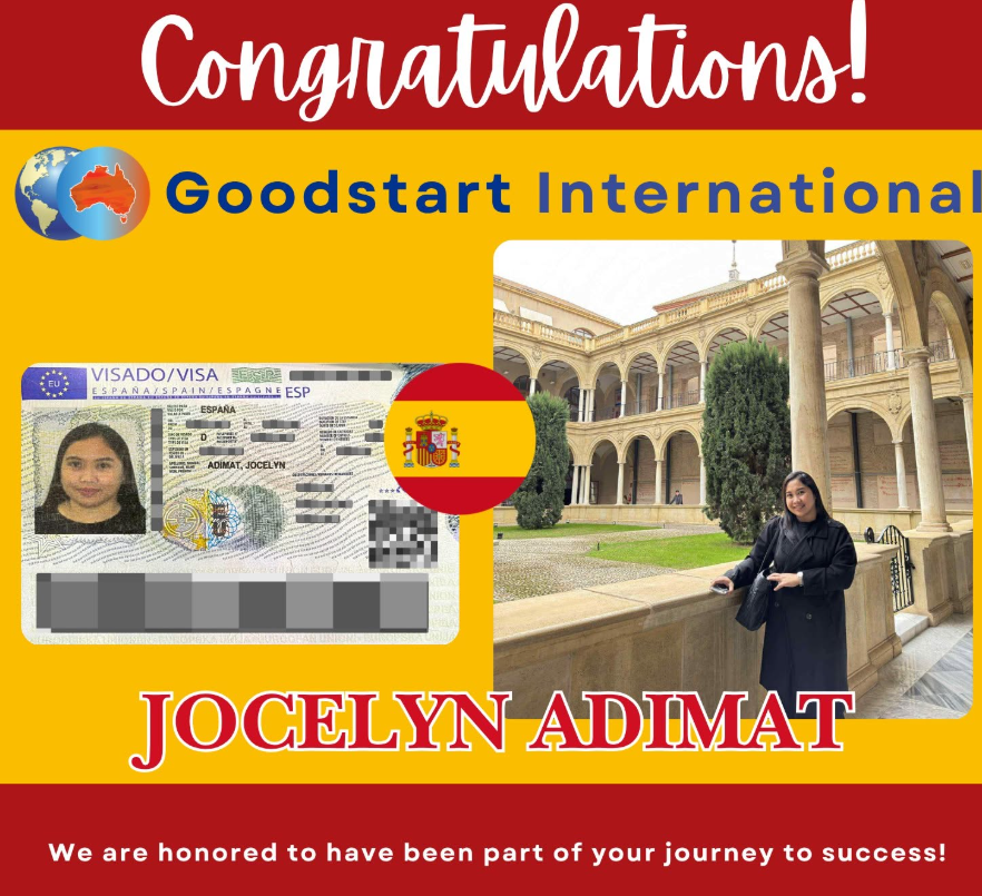 Jocelyn Adimat celebrating her approved Spain student visa with Goodstart International