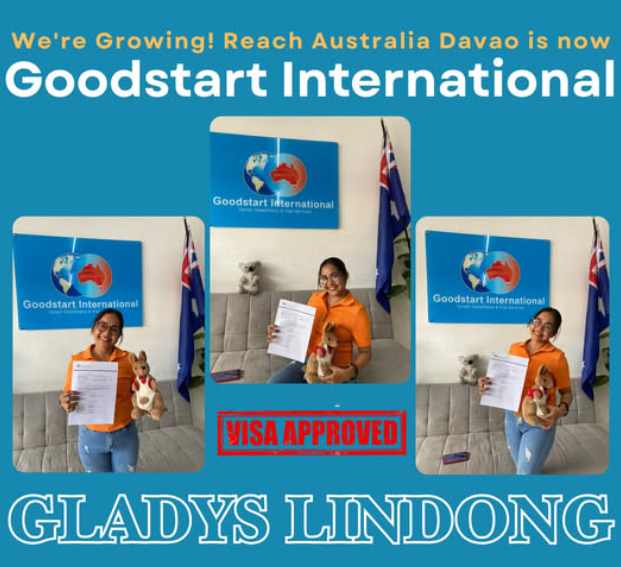 Gladys Lindong holding her approved Australian tourist visa documents at Goodstart International
